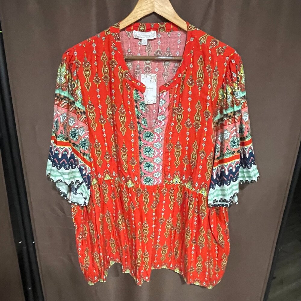 NWT Women's 2X Weekend Suzanne Betro Boho Red Geo Butterfly Slv Empire Wst Tunic